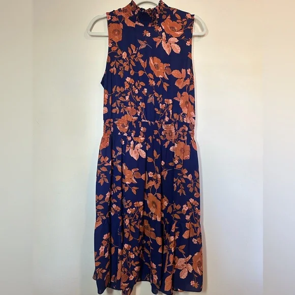 Nannette Lepore Navy and Orange Floral Midi Dress - Picture 1 of 7